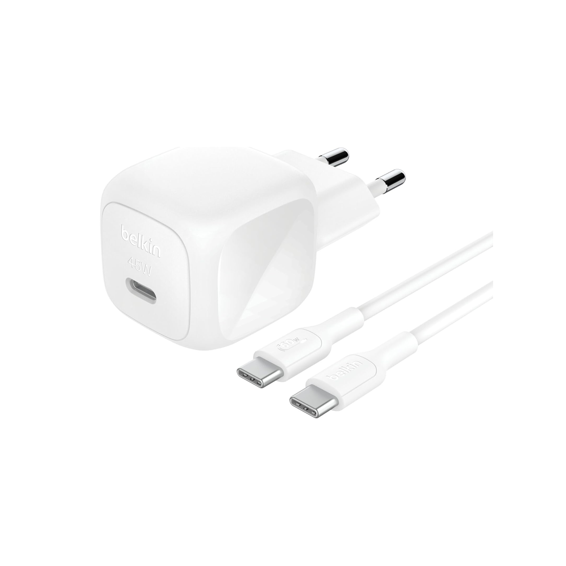 5173UVJZU4L_AC_SL1500_ - PRIME TECH White Belkin wall charger with USB-C and USB-A cables attached, shown from side view in white on white background