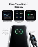 Smart battery display showing temperature, wattage, and health indicators on a handheld charger screen.