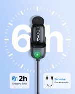 BOYA wireless earbud with charging cradle and green LED, set against a light blue background; highlights 2h charging time and exclusive charging cable image.