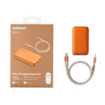 Orange Momax Elite Charging Essential kit with power bank, braided cable, and packaging box