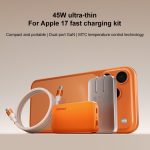 45W ultra-thin fast charging kit for Apple devices: orange GaN charger, USB-C cable, and an orange iPhone in the background
