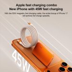 Orange smartphone with a braided magnetic charging cable looped above, highlighting 45W fast charging