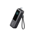 Anker portable power bank with a digital charge indicator showing full battery and a black wrist strap attached