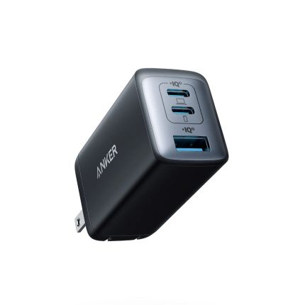 Anker wall charger with three USB ports: two fast-charge ports labeled IQ and one USB-A port.