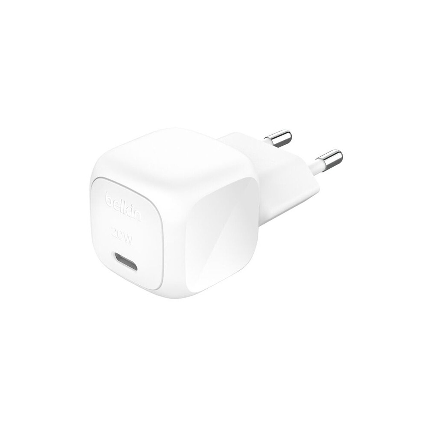 HEAD - PRIME TECH White Belkin wall charger with a USB-C/USB port and two-pin European plug.