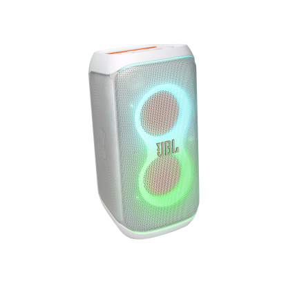 White JBL portable speaker with a perforated front grille and a blue-green LED ring, viewed from the side.