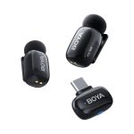 Pair of BOYA wireless earbuds with a black charging case on a white background, angled for detail view.