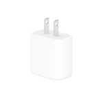 Close-up of a white wall plug adapter with two flat metal prongs against a white background, viewed from above