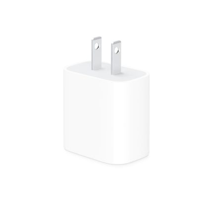 Close-up of a white wall plug adapter with two flat metal prongs against a white background, viewed from above