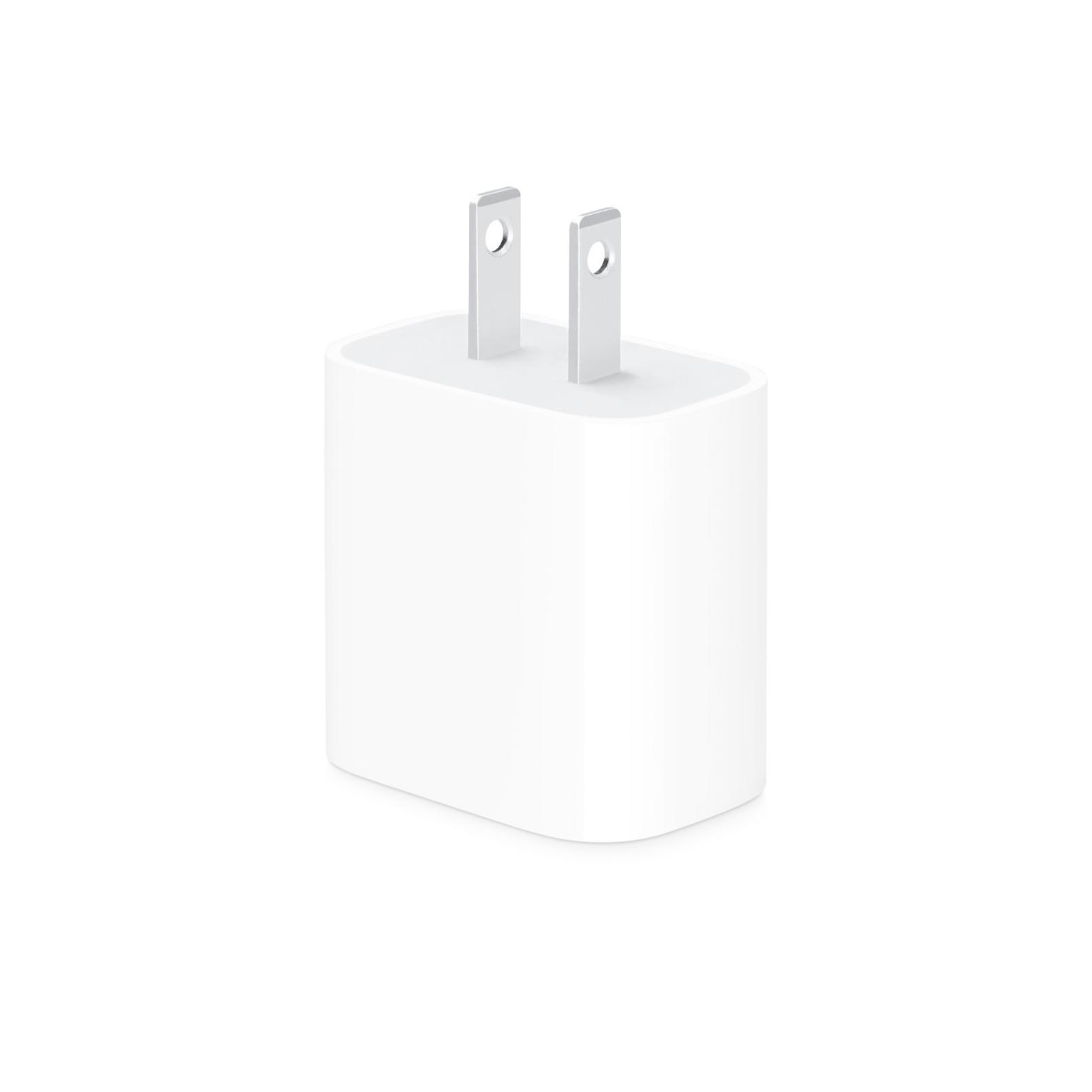 MWVV3 - PRIME TECH Close-up of a white wall plug adapter with two flat metal prongs against a white background, viewed from above