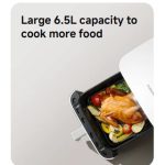 Open air fryer with roasted chicken and vegetables to illustrate a 6.5L capacity feature: 'Large 6.5L capacity to cook more food'