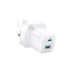 White Anker wall charger with fold-out prongs, showing two USB ports (one with blue interior).