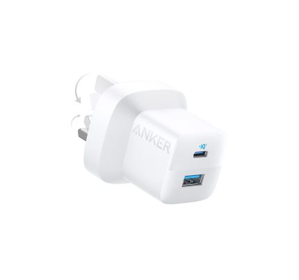 White Anker wall charger with fold-out prongs, showing two USB ports (one with blue interior).