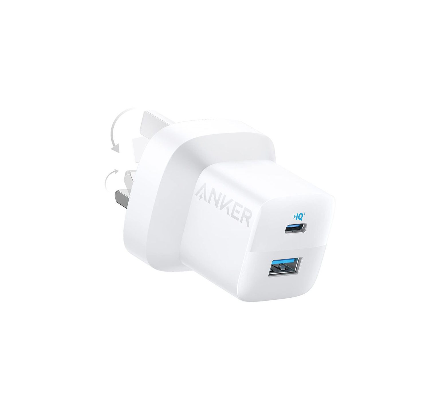 Version 100 - PRIME TECH White Anker wall charger with fold-out prongs, showing two USB ports (one with blue interior).