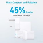 Foldable, ultra-compact 30W charger shown, with text '45% Smaller Than an Original 30W Charger' and Anker branding