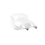 White wall charger with two round metal prongs for European outlets, viewed from the side
