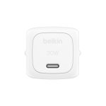 White Belkin 30W wall charger front/top view with rounded square faceplate and subtle embossed branding