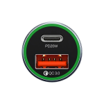 Round wireless car charger base featuring a PD 20W USB-C port above and an orange Quick Charge 3.0 USB-A port below