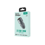 Lanex car charger packaging showing 22.5W+36W fast charging with USB-C and USB-A ports (model LQ06) for in-car use, on a light teal box