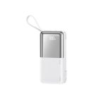 Portable white and silver power bank with a digital 100% charge display and a wrist strap.