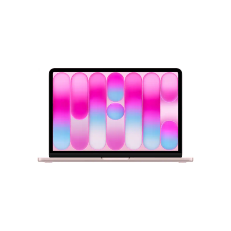 Silver laptop showing a bright pink-and-blue gradient abstract wallpaper on the screen