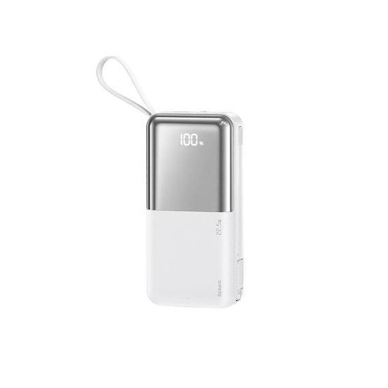 Portable white and silver power bank with a digital 100% charge display and a wrist strap.