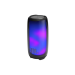 JBL portable Bluetooth speaker with blue and purple LED glow, compact black casing on a white background