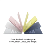 Pastel-colored laptops arranged in a fan shape, highlighting a durable aluminum design in silver, blush, citrus, and indigo.