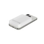 White MagSafe battery pack attached to the back of a smartphone, providing extra wireless charging power
