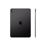Back view of a dark gray iPad Pro showing the dual-camera module in the top-left corner?and a portion of the Apple logo