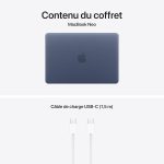 Blue MacBook Neo shown with its lid closed, above the caption 'Contenu du coffret' and 'MacBook Neo'—image indicates the product in the box content section.