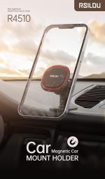 Magnetic car phone mount attached to a windshield holding a smartphone, RSILOU brand on the top corner.