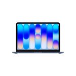 Partial view of a laptop displaying a blue gradient bubble wallpaper on the screen surface.