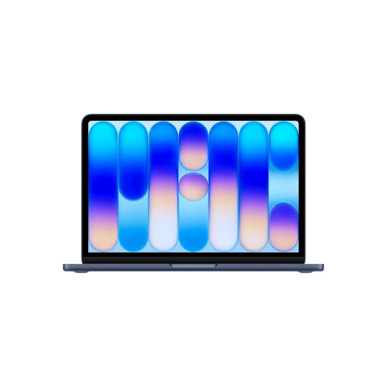 Partial view of a laptop displaying a blue gradient bubble wallpaper on the screen surface.