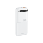 White portable power bank with a digital display showing 100% charge and 22.5W fast charging, USB-C ports on top.