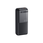 Portable black power bank with a digital display showing 100%, standing upright.