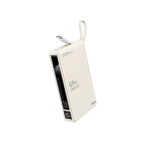 White 65W power bank with 20000mAh capacity, angled view with USB-C cable attached