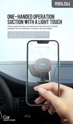Smartphone mounted on a RSILOU car mount with a red-ring suction pad on the dashboard; a hand holds the phone in front of the display.
