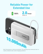 Advertisement banner showing a battery icon at 100% and text '2.0 Charges' for iPhone 16, with the headline 'Reliable Power for Extended Use' on a light blue background and an Anker device image.