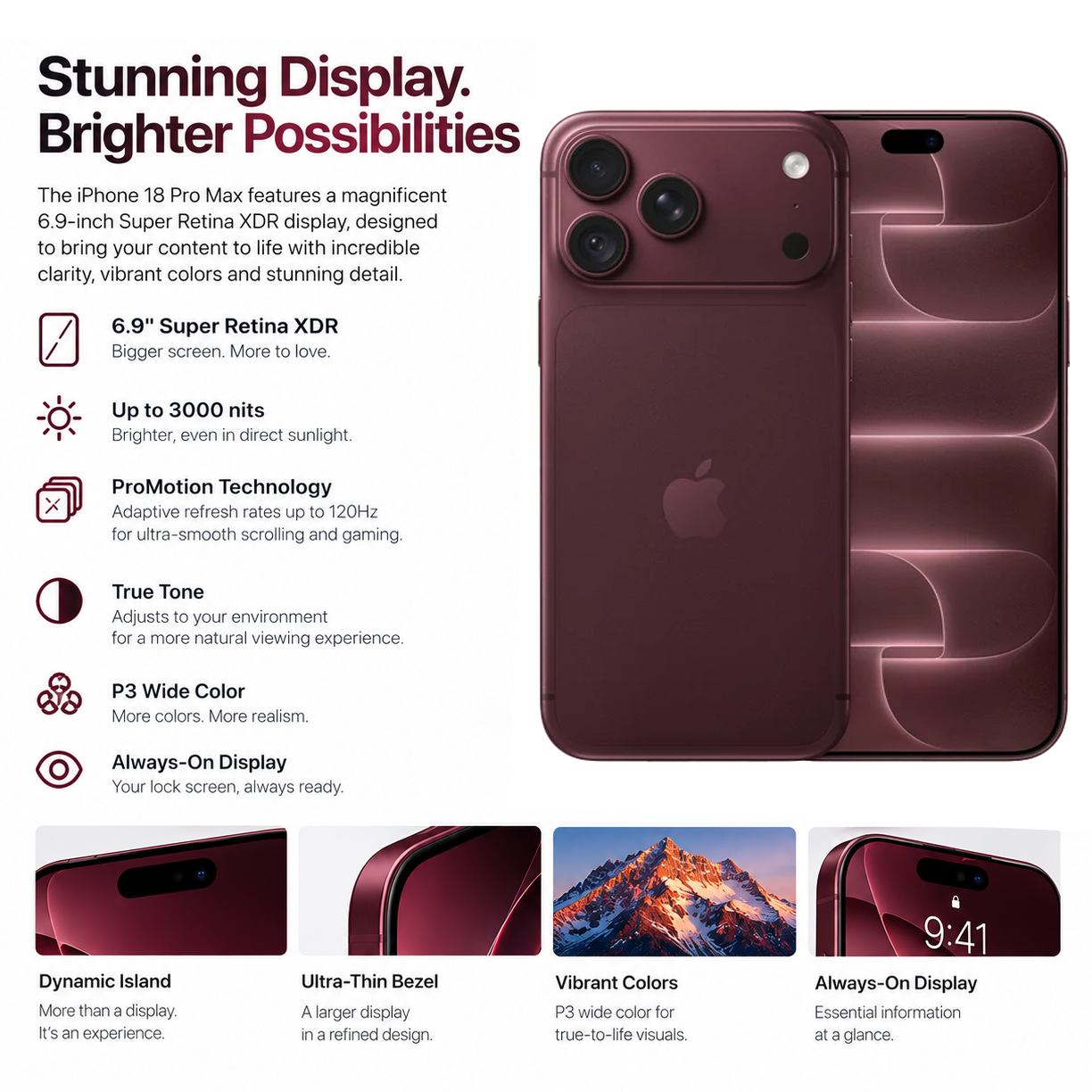 Marketing image of iPhone 18 Pro Max with feature bullets: large 6.9” Super Retina XDR display, up to 3000 nits, ProMotion, True Tone, P3 Wide Color, Always-On Display.