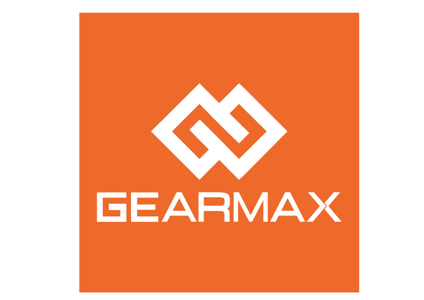Gearmax brand logo on an orange square background, featuring a white geometric emblem above the word GEARMAX