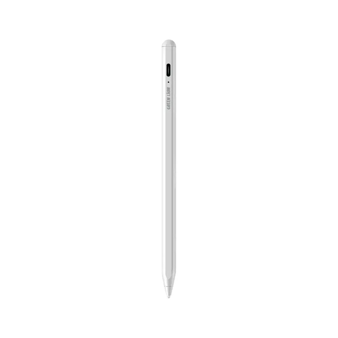 GN2N1PENWH Green Lion 2 in 1 Pencil - White - PRIME TECH White stylus pen shown from the side, tip pointing downward, for tablets or touchscreens