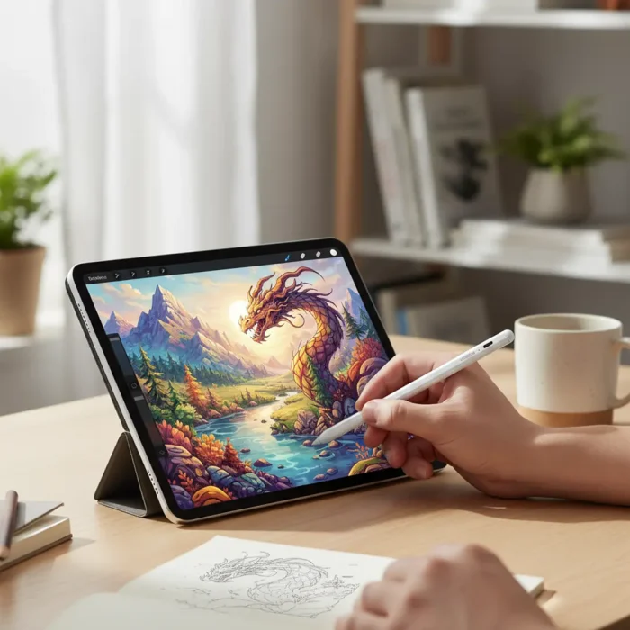 Person uses a stylus to draw a colorful dragon on a tablet propped on a stand at a desk, with a mug nearby.