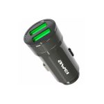 Dual USB car charger with two green-lit ports for charging devices in a vehicle (cigarette lighter style)