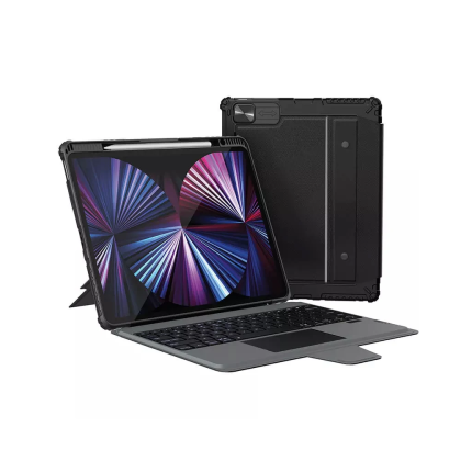 Tablet with a rugged protective case and built-in keyboard, shown with a kickstand setup for typing