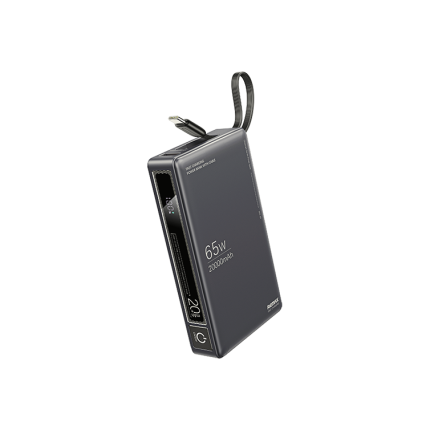 Portable power bank with a wrist strap, showing a digital display and 65W/20000mAh on its gray case.