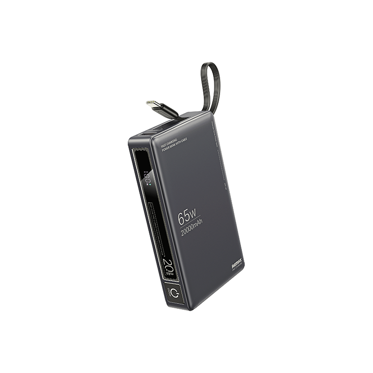 Portable power bank with a wrist strap, showing a digital display and 65W/20000mAh on its gray case.