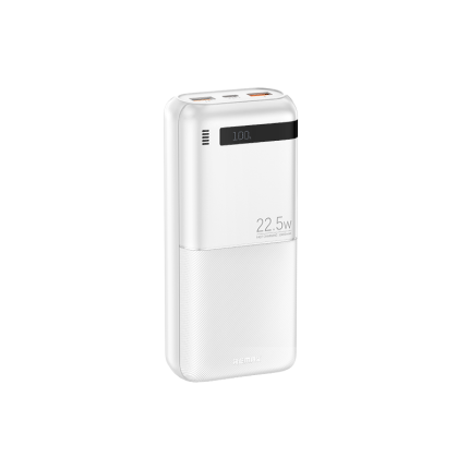White portable power bank with a digital display on the top edge showing '100' and '22.5W' fast‑charging label, for on‑the‑go device charging (Remax).