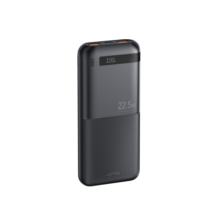 Black two-tone power bank with a small digital display showing 100 and 22.5W fast-charging label; textured lower half.