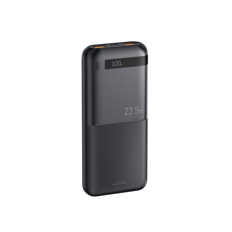 Black two-tone power bank with a small digital display showing 100 and 22.5W fast-charging label; textured lower half.
